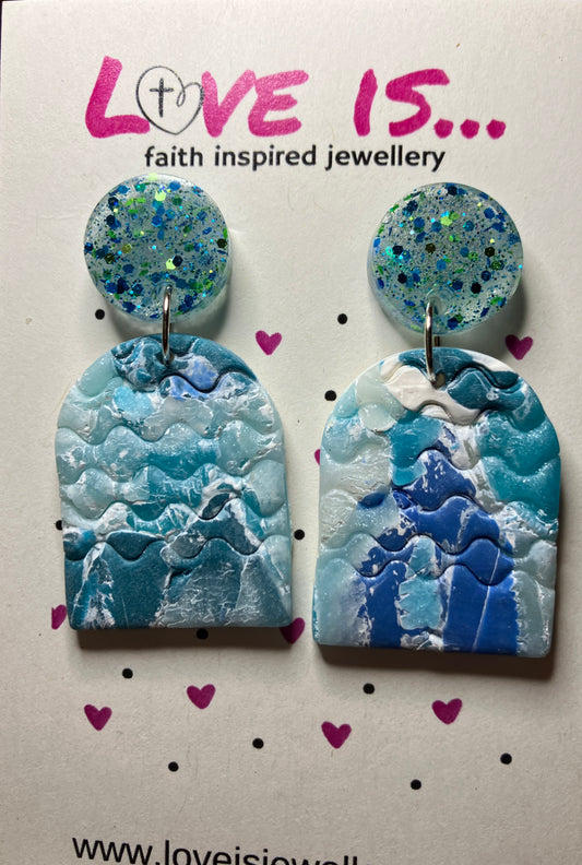 Oceans - marble blue/teal wave embossed arch with hook or sparkly resin stud top