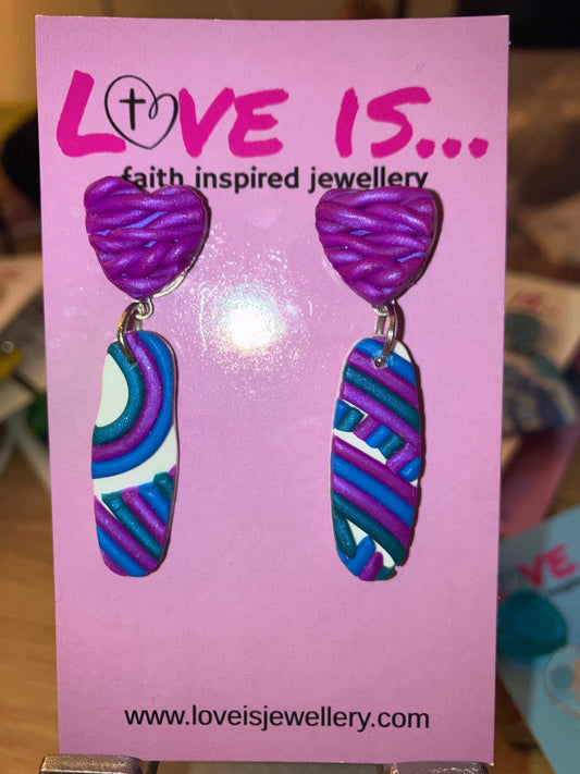 Diversity - plaited heart studs with long ovals in abstract pattern