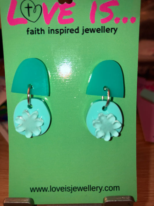Spring - teal arch stud top with green/floral detail dangle