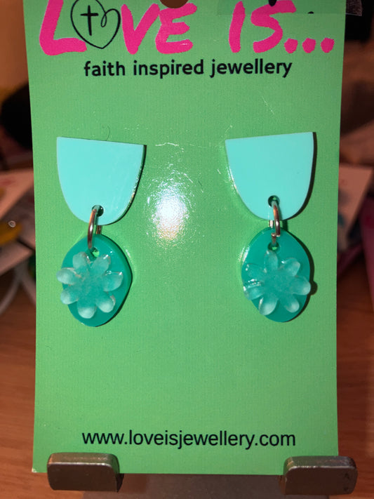 Spring - inverted green arch stud top with oval teal/floral detail dangle